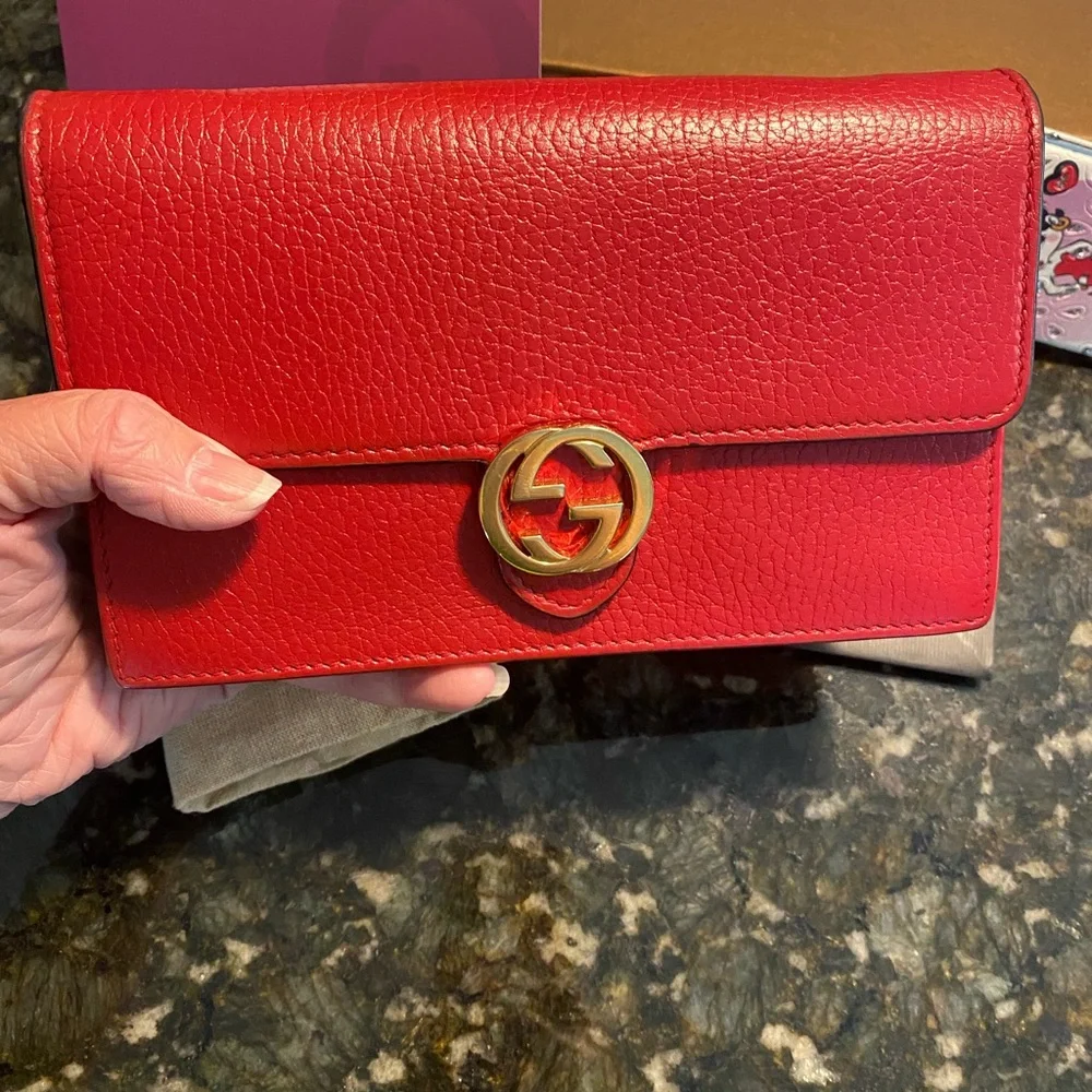 Gucci Red Vintage Wallet On Chain with Gold Tone GG Magnetic Lock Full Inclusion